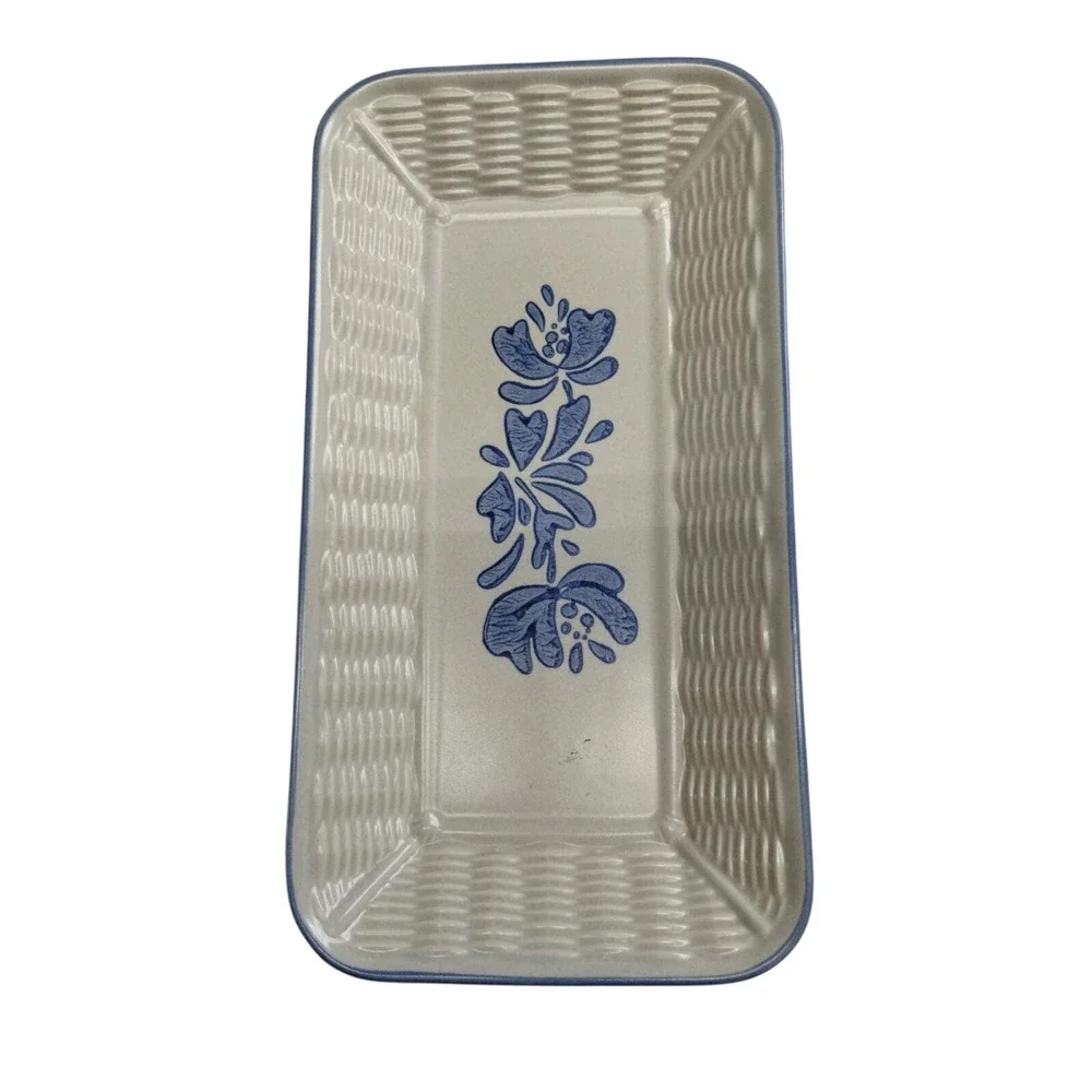 Pfaltzgraff Blue Floral Stoneware Tray‎ Basketweave Rectangular USA